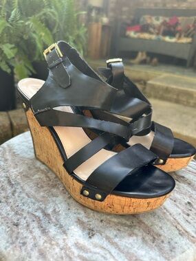 Guess Black Leather Strappy Cork Wedges